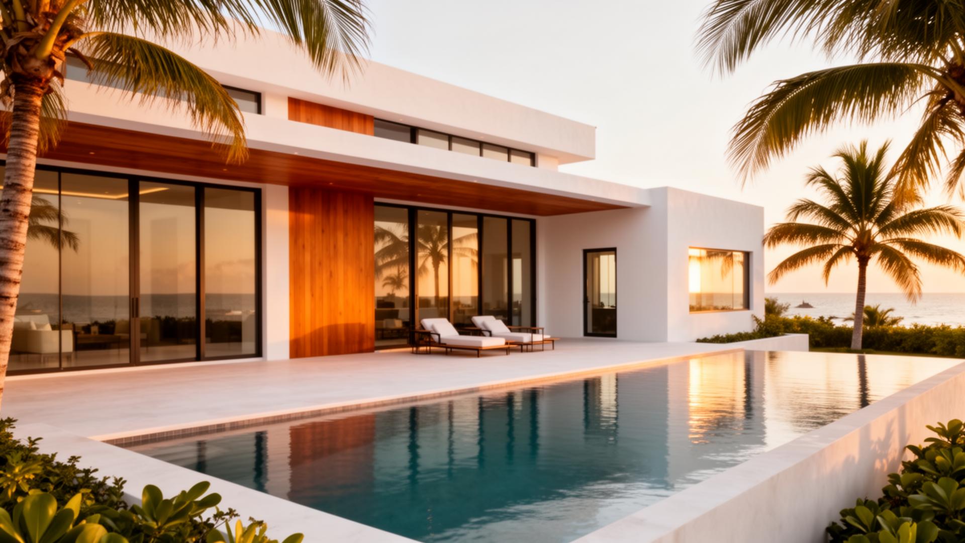 Modern Florida coastal home at golden hour